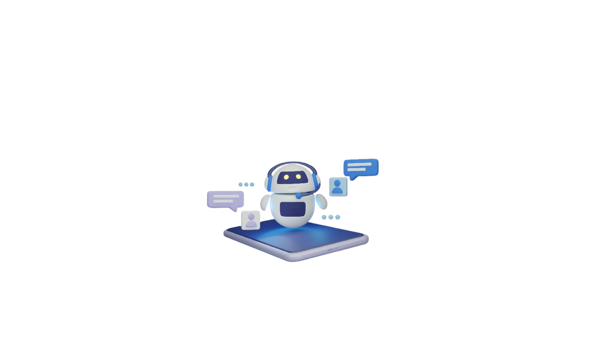 3D chatbot illustration on platform with chat bubbles